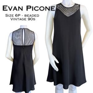VTG Evan Picone Shift Dress Black 6P Flared Beaded Sleeveless Illusion Neck